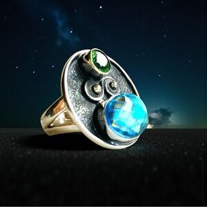 Triplet Opal Peridot Saucer Ring, SS 6.25